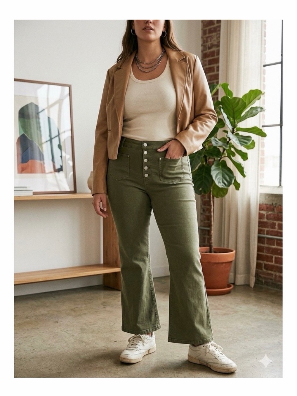 LOFT Olive Green High-Rise Kick Crop Button-Front Pants